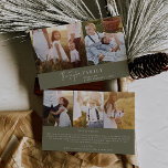 Modern Chic Grönt Family Photo Collage Newsletter Julkort<br><div class="desc">Det här moderna helgdag för fotokollage för grönt av chic är perfektens snyggt som Julhälsningar. Den här enkla boho-designen har klassisk sofistikerad kalligrafi i oliv grönt och vitt. Anpassa kortet med 5 foton (2 på framsidan och 3 på baksidan), din familj namn, första namn och året. Inkludera ett valfritt år...</div>