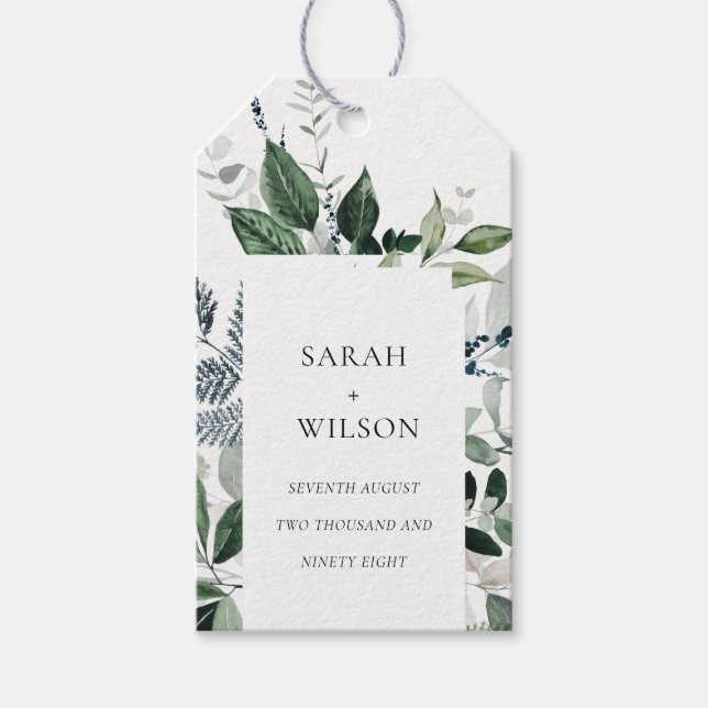 Modern Chic Grönt Leafy Tropical Foliage Bröllop Presentetikett (Framsidan)