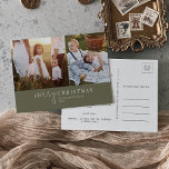 Modern Chic | Grönt Photo Collage News Helg Vykort<br><div class="desc">Det här moderna grönten för fotokollage av julnyheter är helgdag för perfektens snyggt som Julhälsningar. Den här enkla boho-designen har klassisk sofistikerad kalligrafi i oliv grönt och vitt. Anpassa vykortet med 2 foton, din familj namn, första namn och året. Inkludera ett valfritt år i recension eller i familjens nyhetsbrev på...</div>