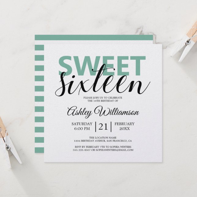 Modern Chic Grönt White Rand Rosa Sweet 16 Inbjudningar (Fram/Back In Situ)