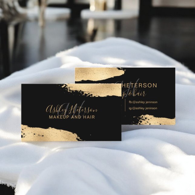 Modern chic guld-borstpenselmakare, monogram visitkort (Modern chic gold foil brushstroke makeup monogram business card)
