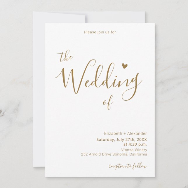 Modern Chic Guld Calligraphy Script Heart Bröllop Inbjudningar (Framsida)