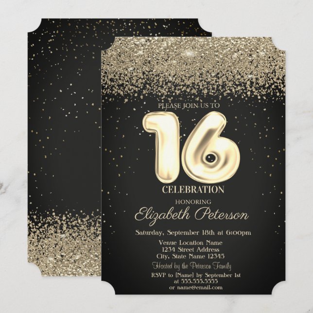 Modern Chic Guld Diamanter Konfetti Sweet 16 Inbjudningar (Fram/baksida)