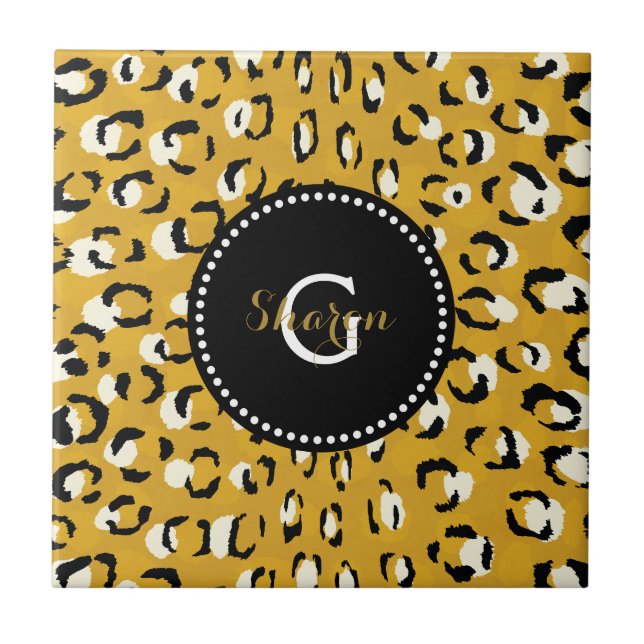 Modern chic guld gepard tryckmönster monogram kakelplatta (Framsidan)