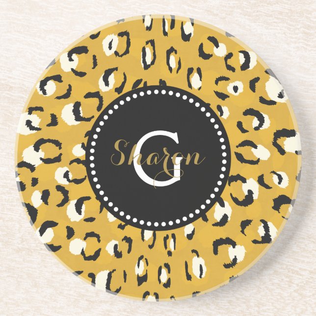 Modern chic guld gepard tryckmönster monogram underlägg sandsten (Framsidan)
