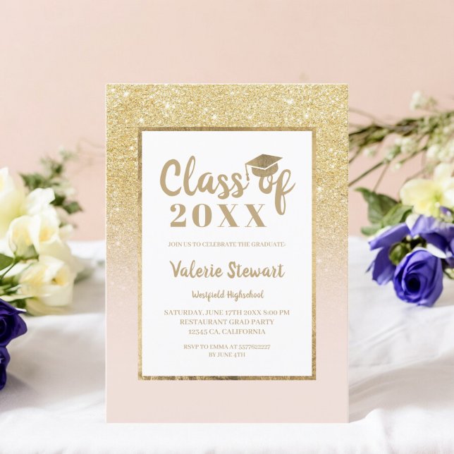 Modern chic guld glitter, fotoklass i studenten inbjudningar (Modern chic gold glitter class of photo graduation invitation)