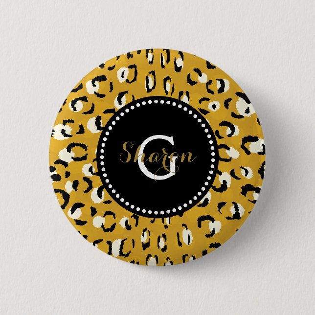 Modern chic guld- monogram för cheetahtryckmönster knapp (Framsida)
