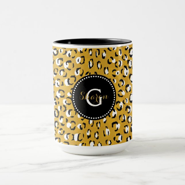 Modern chic guld- monogram för cheetahtryckmönster mugg (Center)