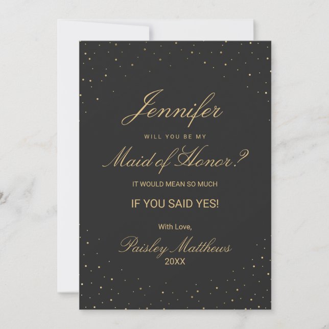 Modern Chic Guld Specklad på Svarta Maid of honor Inbjudningar (Framsida)