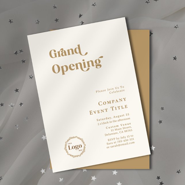 Modern Chic Guld Typography Grand Open Company Inbjudningar (Property Photo Background Typography Open House Invitation)