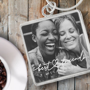 Modern Chic Heart Best Friends Besties BFF-foto Fyrkantig Silverfärgad Nyckelring