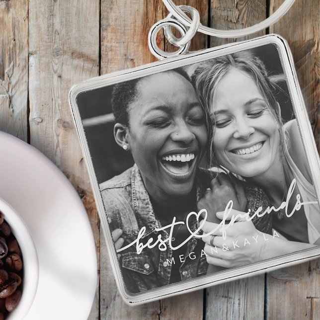 Modern Chic Heart Best Friends Besties BFF-foto Fyrkantig Silverfärgad Nyckelring (Skapare uppladdad)
