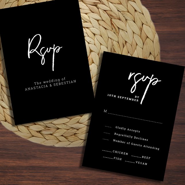 Modern Chic i svartvitt Bröllop OSA Kort (Modern Script Chic Black and White Wedding RSVP Card)