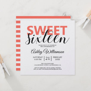 Modern Chic Korallvit Randig Sweet 16 Inbjudningar