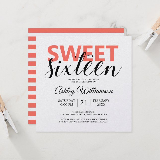 Modern Chic Korallvit Randig Sweet 16 Inbjudningar (Fram/Back In Situ)