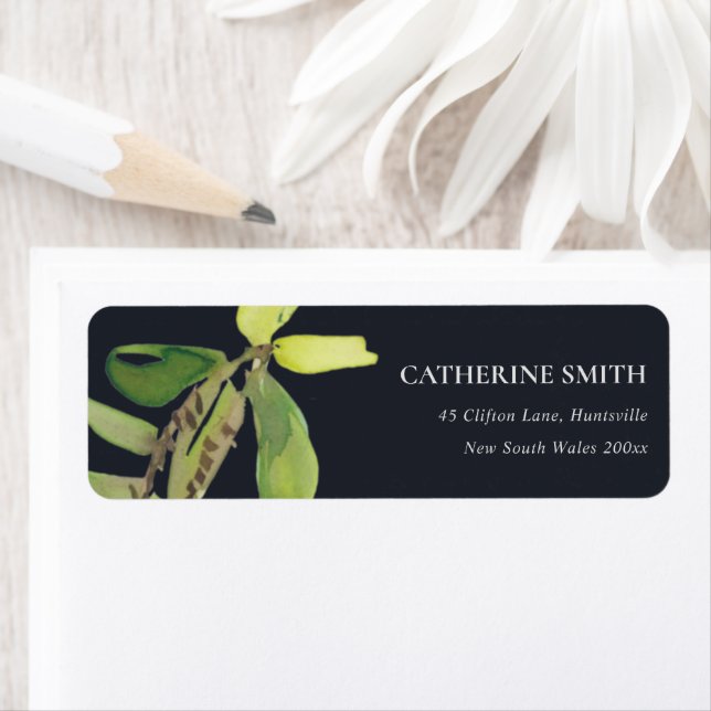 MODERN CHIC LEAFY BLACK FOLIAGE WATERCOLOR ADRESS RETURADRESS ETIKETT (Insitu)