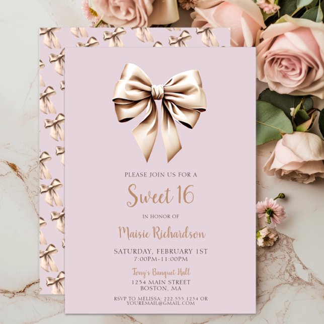 Modern Chic Lila Coquette Bow Sweet 16 Inbjudningar (Chic Lilac Coquette Bow Sweet 16, Sweet Sixteen 16th Birthday, Classic, Trendy, Modern, Script, Bows)