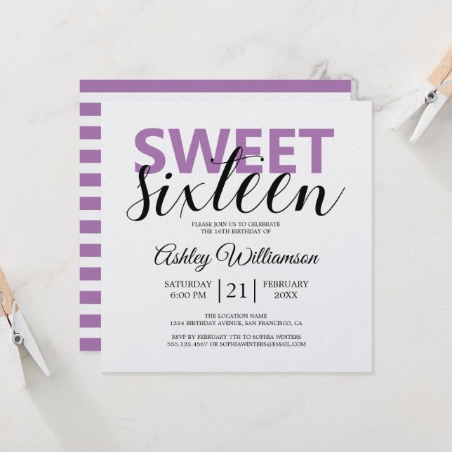 Modern Chic Lila White Rand Sweet 16 Inbjudningar (Fram/Back In Situ)