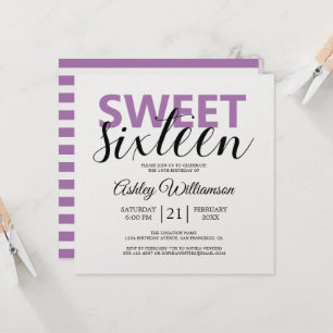 Modern Chic Lila White Rand Sweet 16 Inbjudningar
