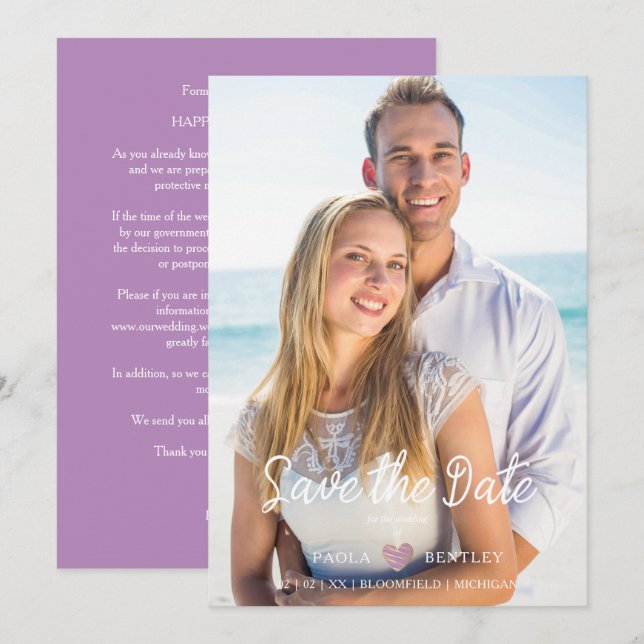 Modern Chic Lilac Heart Photo Couple Bröllop (Fram/baksida)