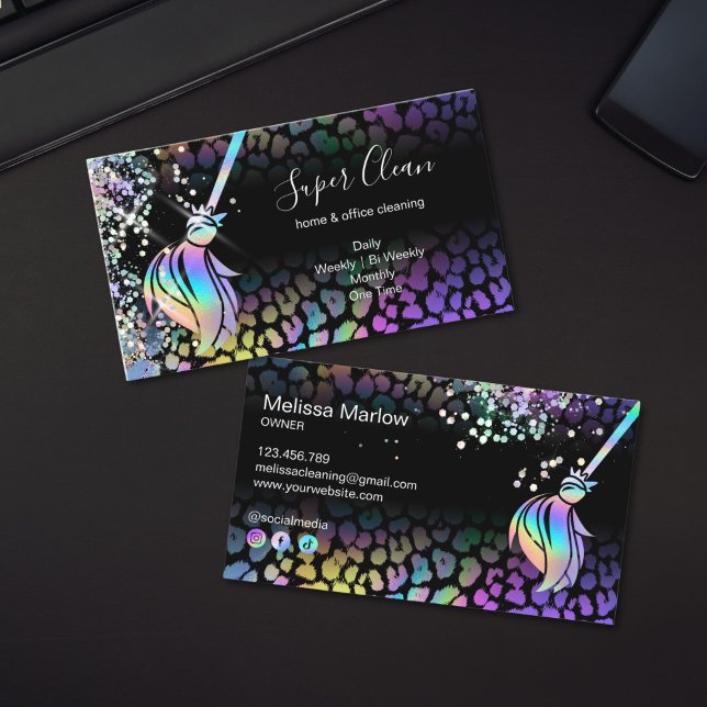 Modern Chic Maid Cleaning House Holograph Leopard Visitkort (holographic leopard texture cleaning services business cards)