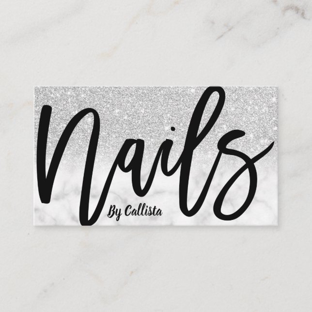 Modern Chic Marble Nail-tekniker Silver Glitter Visitkort (Framsida)