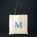 Modern chic marinblå monogram elegant namn i scrip tygkasse<br><div class="desc">Modern marinblå och vit monogram elegant modern namn i scriptstil handväska</div>