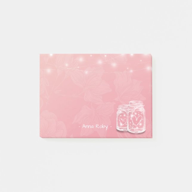 Modern Chic Mason Burk String Ljus Rosa Flowers Post-it Block (Framsida)