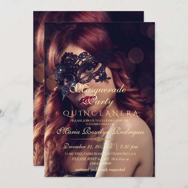 Modern Chic Masquerad Quinceanera Photo Inbjudningar (Fram/baksida)