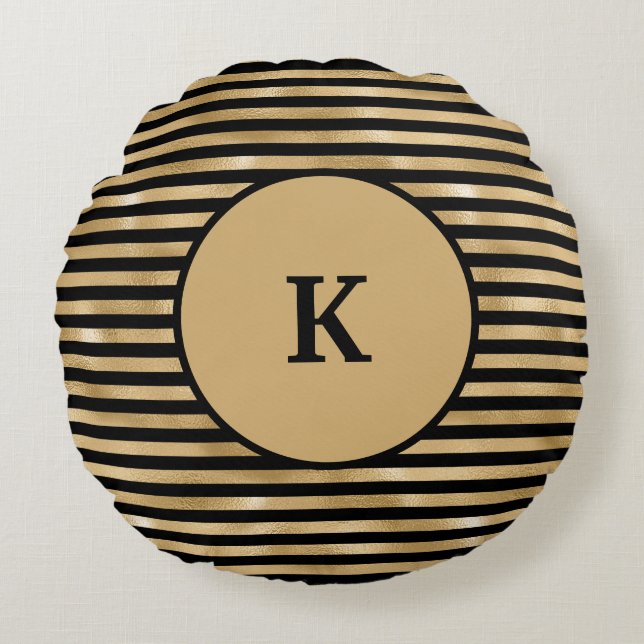 Modern Chic med monogrammad svart och Guld-stripe Rund Kudde (Framsidan)
