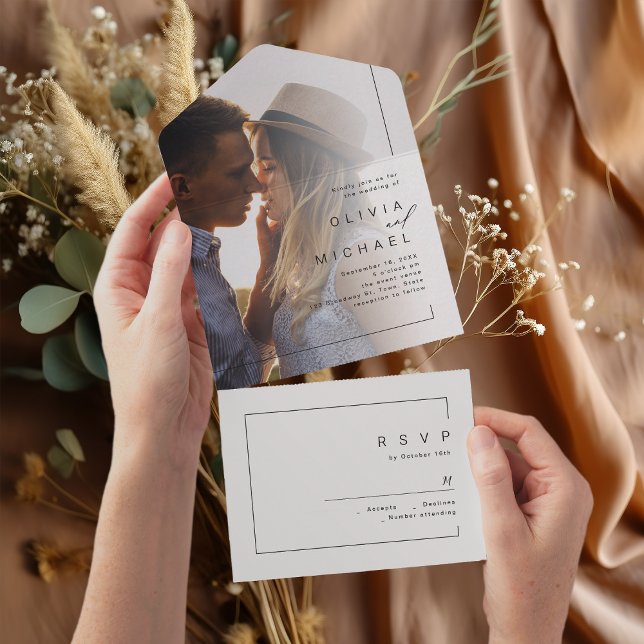 Modern chic, minimalistisk bild bröllop (Modern chic minimalist photo wedding all in one invitation)