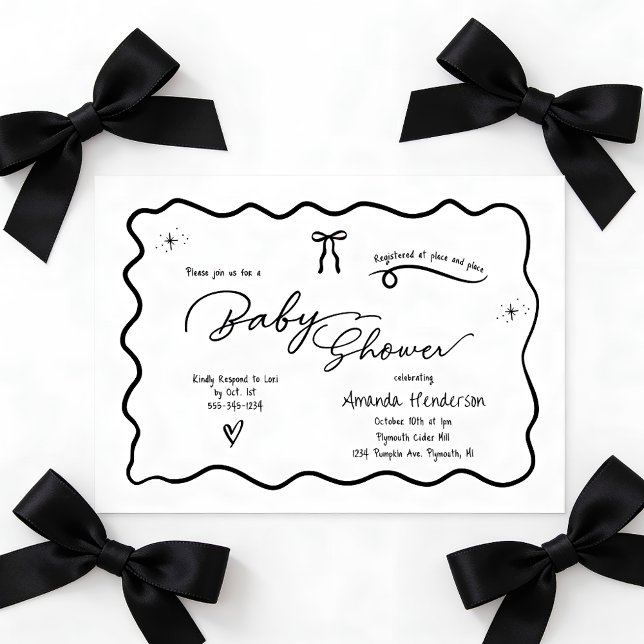 Modern Chic Minimalistisk Svart Vit Båge Bebis Sho Inbjudningar (Modern Chic Black Bow Baby Shower Invitation)