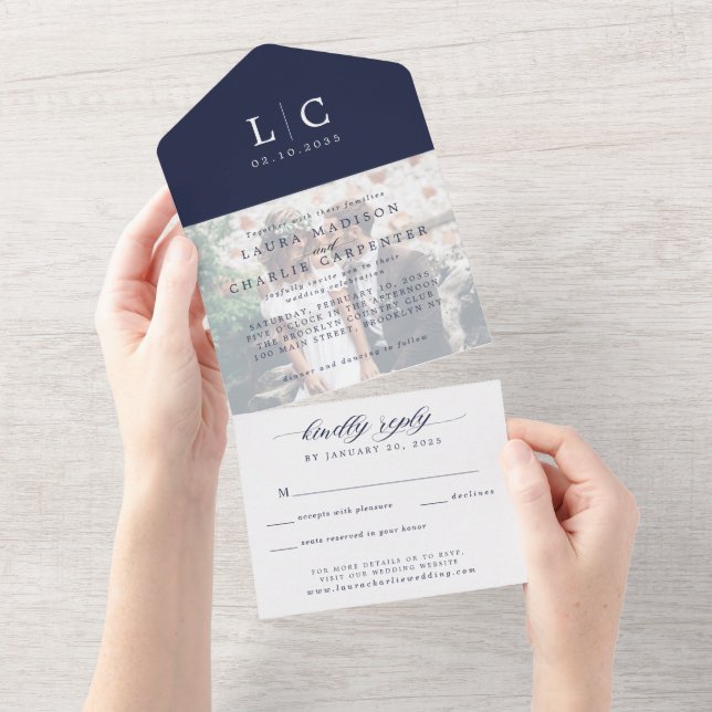 Modern Chic Monogram Photo OSA Navy Blue Bröllop (Avrivbar del)