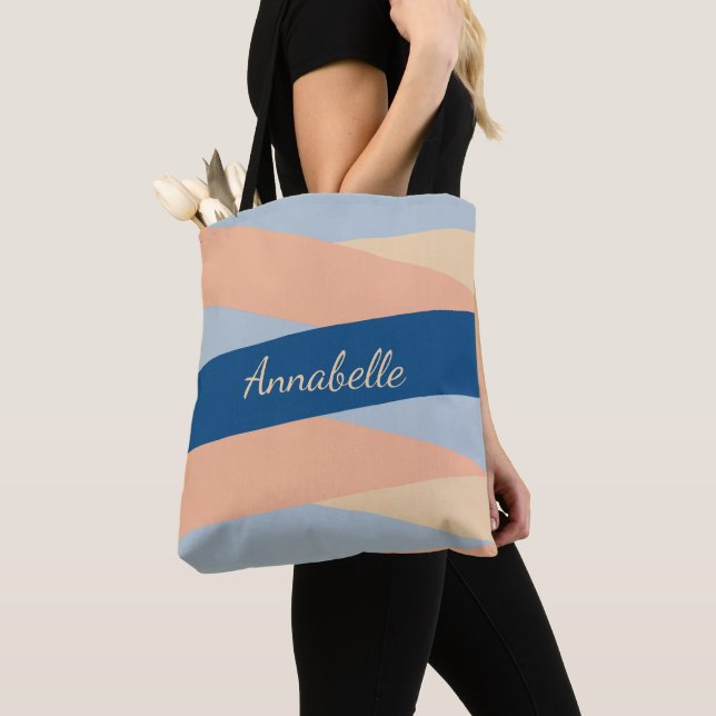 Modern Chic Monogrammed Rosa & Blue Tote Bag Tygkasse (Närbild)