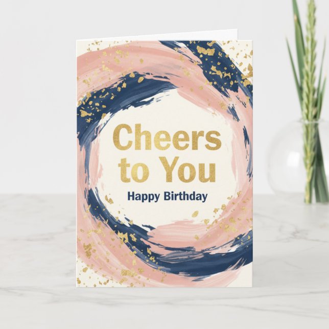 Modern Chic Navy and Blush Gold Splatter Birthday  Kort (Framsida)