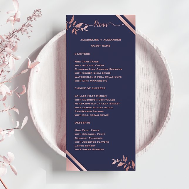 Modern Chic Navy Blue Wedding Menu with Guest Name Meny (Modern Chic Navy Blue Wedding Menu with Guest Name)
