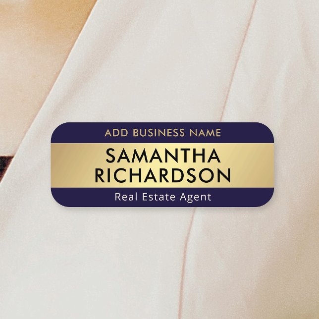 Modern Chic Navy & Guld Office Employee Business Namnbricka (Modern navy blue and faux gold business employee name tags with custom text and your company name)