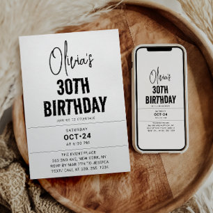 Modern Chic och minimalis för svart skript i 30års Inbjudningar
