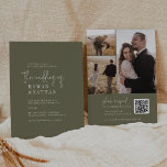 Modern Chic Oliv grönt QR-kodfoto Bröllop Inbjudningar<br><div class="desc">Den här moderna chicens oliv grönt inbjudan till QR-fotobröllop är perfekt för ett enkelt bröllop. Skogsodlingen har en unik och snyggt bohemisk typografi i en minimal grönt av skogsskogen i färg. Anpassa din inbjudan med 3 förlovningars foton på baksidan. Ta med en QR-kod som gör att gästerna kan kontrollera webbplatsen...</div>