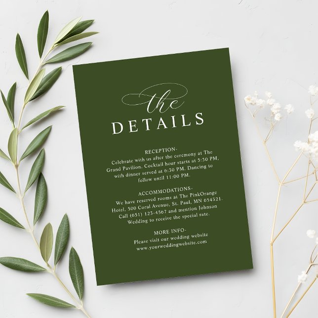 Modern Chic Olive Green Wedding Details Tilläggskort (Skapare uppladdad)
