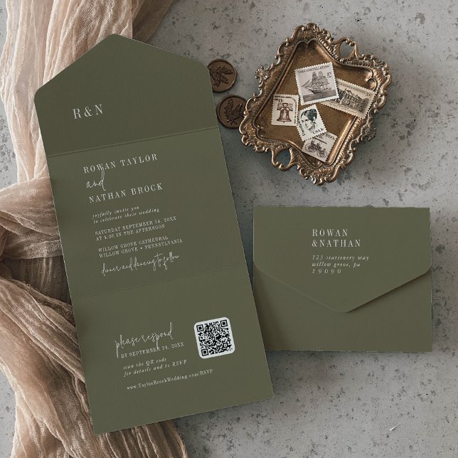 Modern Chic Olivgrön QR Monogram Bröllop (Skapare uppladdad)