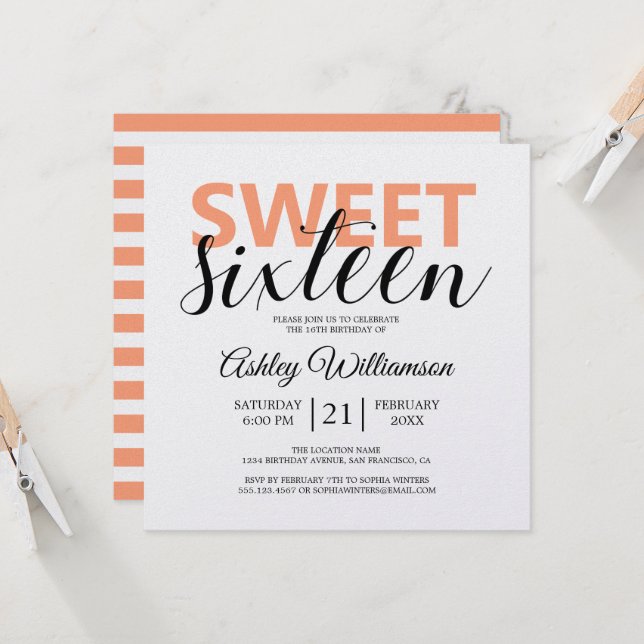 Modern Chic Orange Vit Rand Sweet 16 Inbjudningar (Fram/Back In Situ)