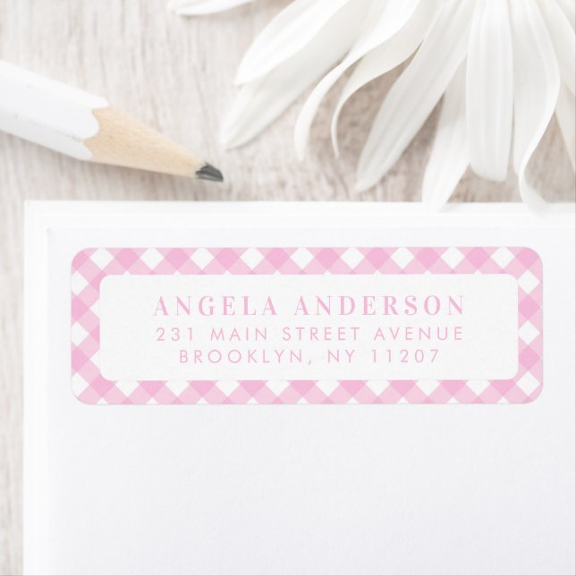 Modern Chic Pastel  Rosa Gingham Play Check Returadress Etikett (Insitu)
