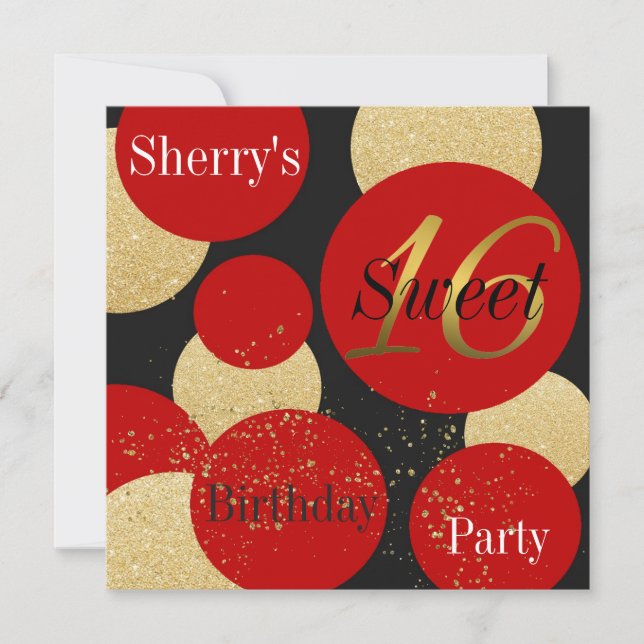 Modern Chic Red Glitter Guld Sweet 16-inbjudan Inbjudningar (Framsida)