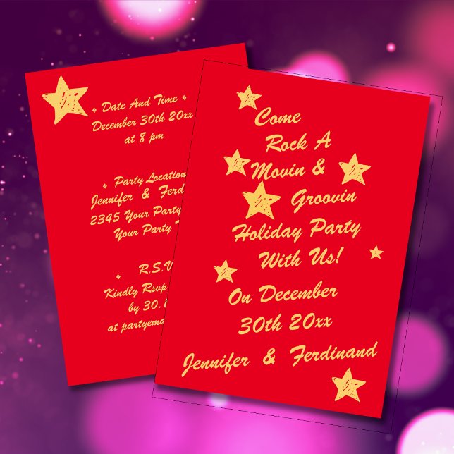 Modern Chic Red & Guld Stars Groovy Julfest Inbjudningar (Modern Chic Red & Gold Stars Groovy Holiday Party Invitation)