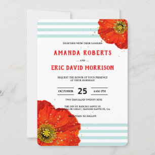 Modern Chic Red Poppy Mint Teal Rand Bröllop Inbjudningar