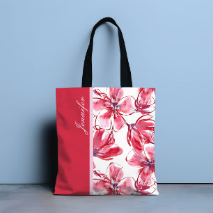 Modern Chic Red Tropical Blommigt Personlig Namn Tygkasse