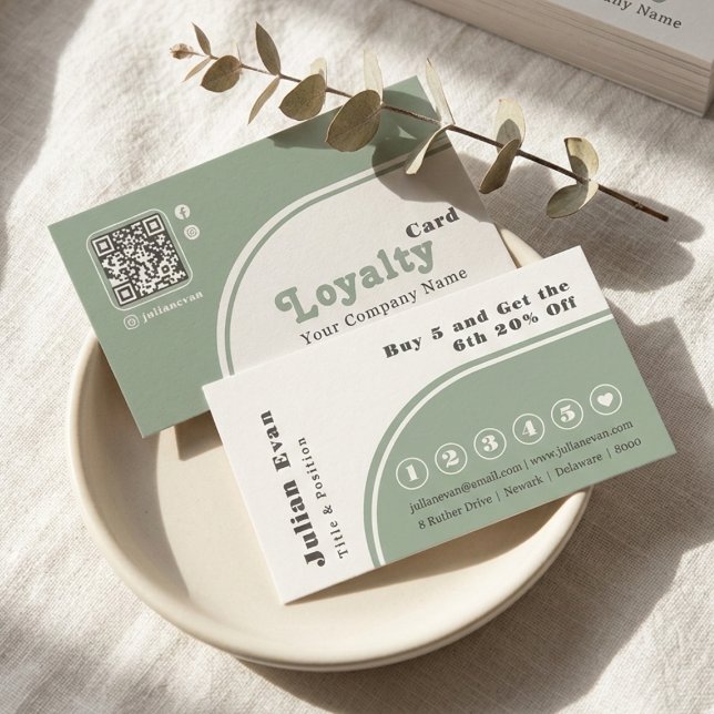 Modern Chic Retro Groovy Sage Green Loyalty Card Visitkort (Modern Chic Retro Sage Green Loyalty Card)