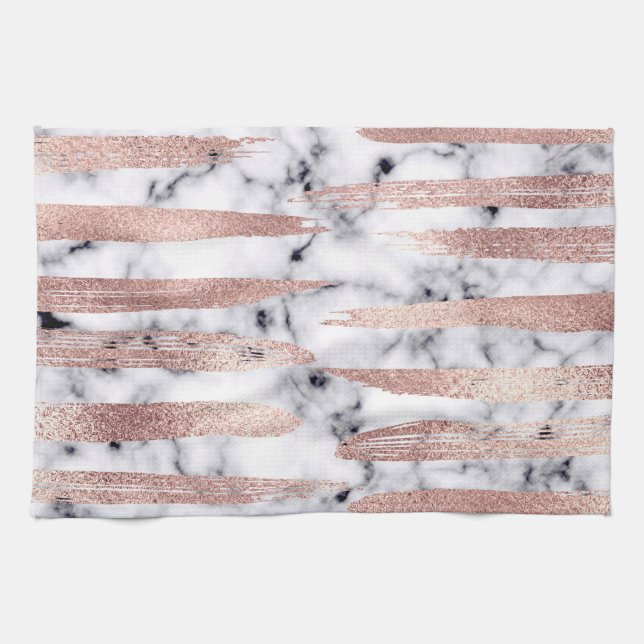 Modern Chic Ro Guld Brushstrokes Marble Kökshandduk (Horisontell)
