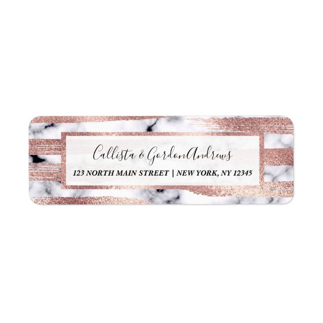 Modern Chic Ro Guld Brushstrokes Marble Returadress Etikett (Framsidan)